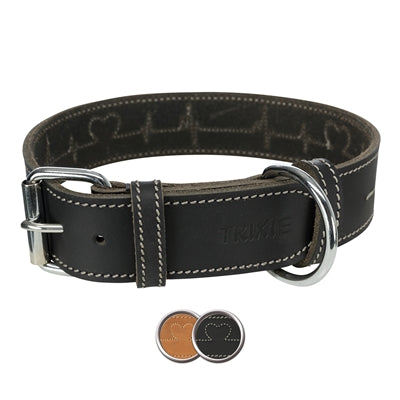 Trixie Dog Collar Rustic Greased Leather Heartbeat Black