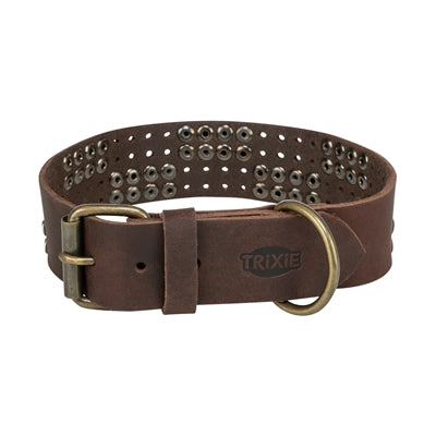 Trixie Dog Collar Rivet Rustic Oiled Leather Dark Brown